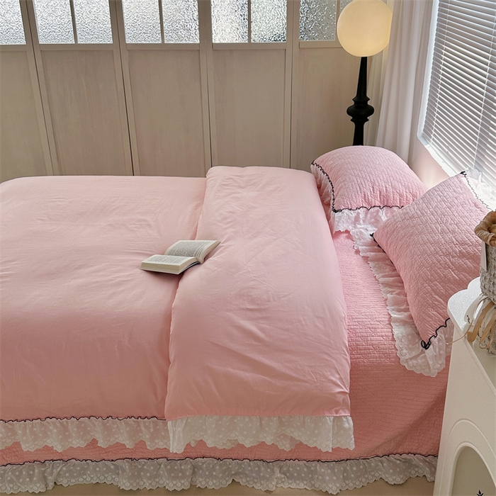 91家纺网 家纺一手货源 找家纺 佰织鑫（会员-5元） 2024新品简约纯色全棉蝶恋花砂洗棉花床盖四件套 蝶恋花·公主粉