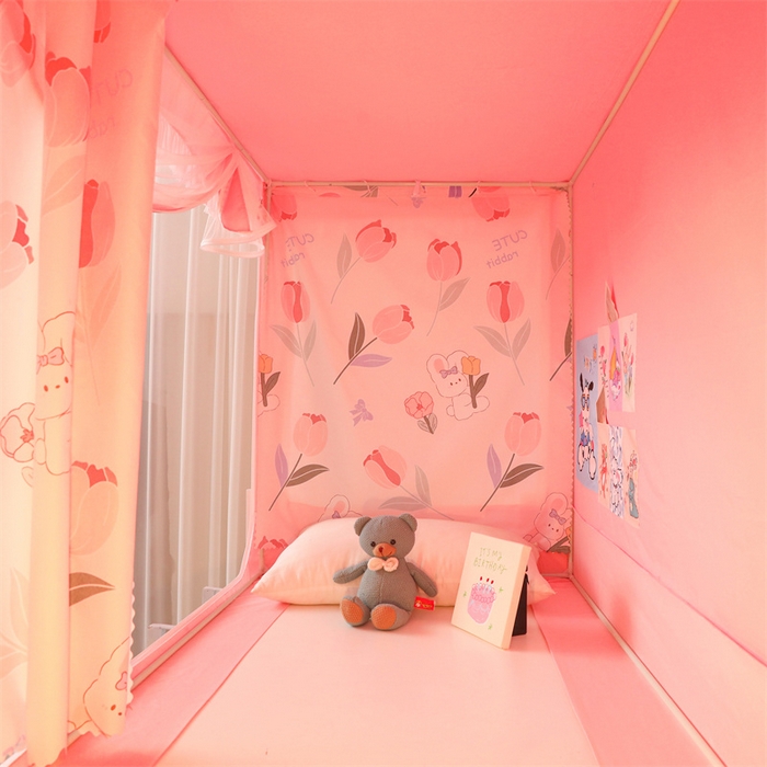 91家纺网 家纺一手货源 找家纺 迪凡保罗蚊帐 2025新款2412小清新印花遮光学生蚊帐带口袋帘 郁金香小兔