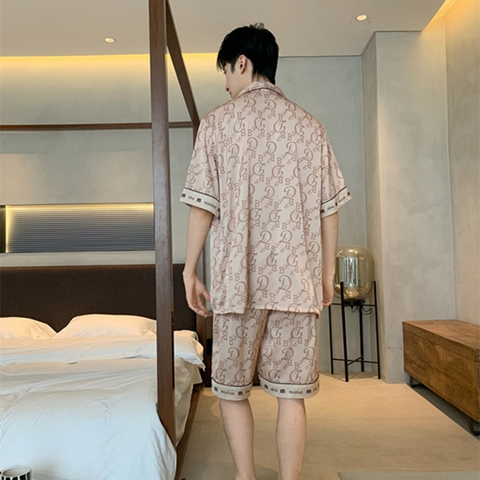 91家纺网 家纺一手货源 找家纺 （总）洛兰沙 2024新款夏季高级感轻奢香槟色男士睡衣V字领长裤长袖轻薄家居服可外穿