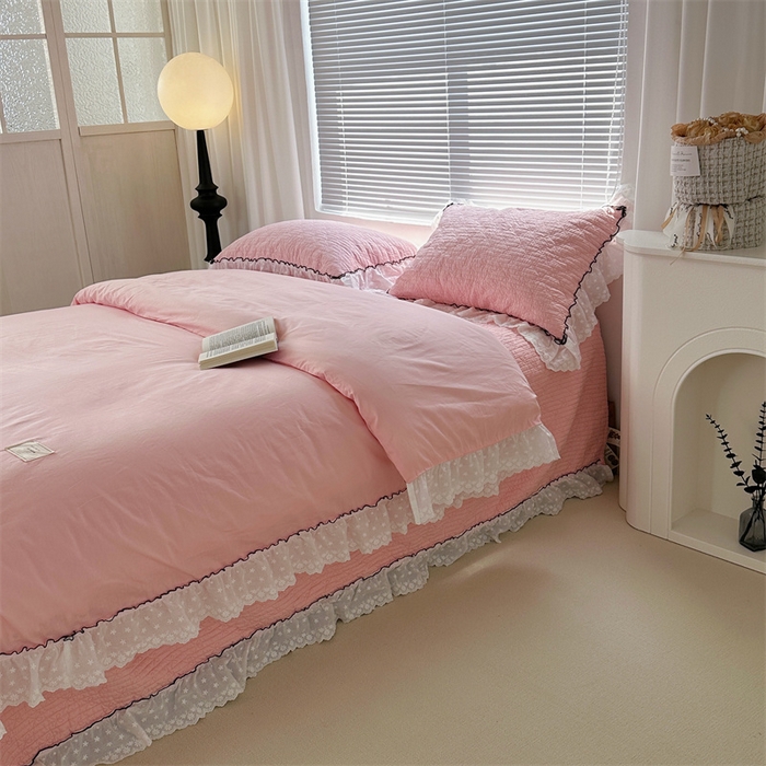 91家纺网 家纺一手货源 找家纺 佰织鑫（会员-5元） 2024新品简约纯色全棉蝶恋花砂洗棉花床盖四件套 蝶恋花·公主粉