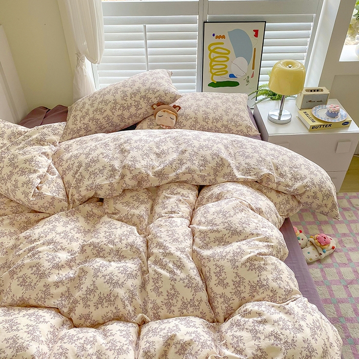 91家纺网 家纺一手货源 找家纺 爵仕家纺 2025小清新风格双层纱纯棉四件套 夏紫