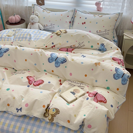 乐童 2024新款直播爆款13070纯棉印花吊边款一字绣四件套-第七波 彩色蝴蝶