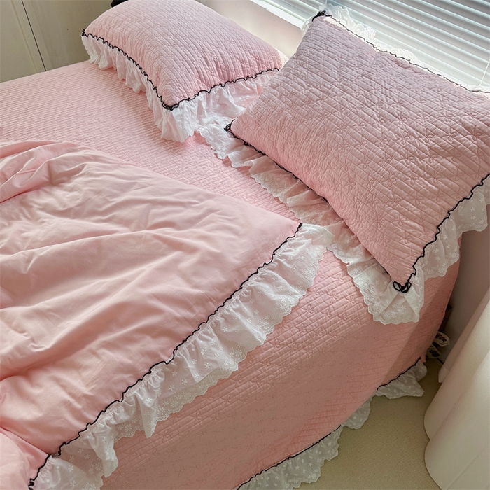 91家纺网 家纺一手货源 找家纺 佰织鑫（会员-5元） 2024新品简约纯色全棉蝶恋花砂洗棉花床盖四件套 蝶恋花·公主粉