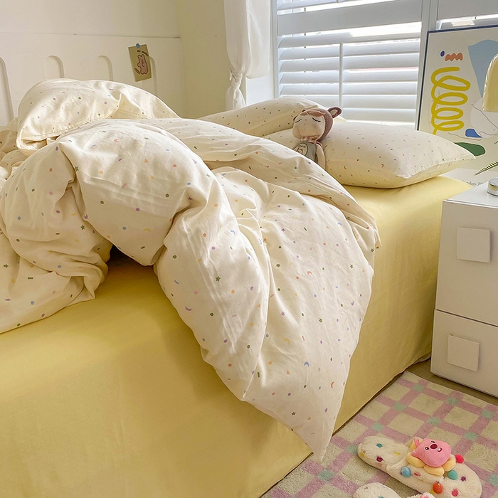 91家纺网 家纺一手货源 找家纺 爵仕家纺 2025小清新风格双层纱纯棉四件套 点缀星空