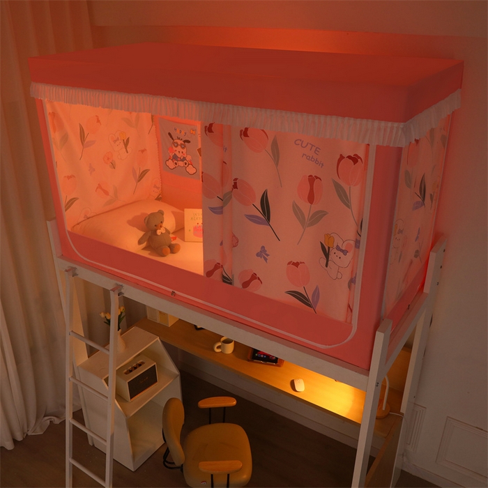 91家纺网 家纺一手货源 找家纺 迪凡保罗蚊帐 2025新款2412小清新印花遮光学生蚊帐带口袋帘 郁金香小兔