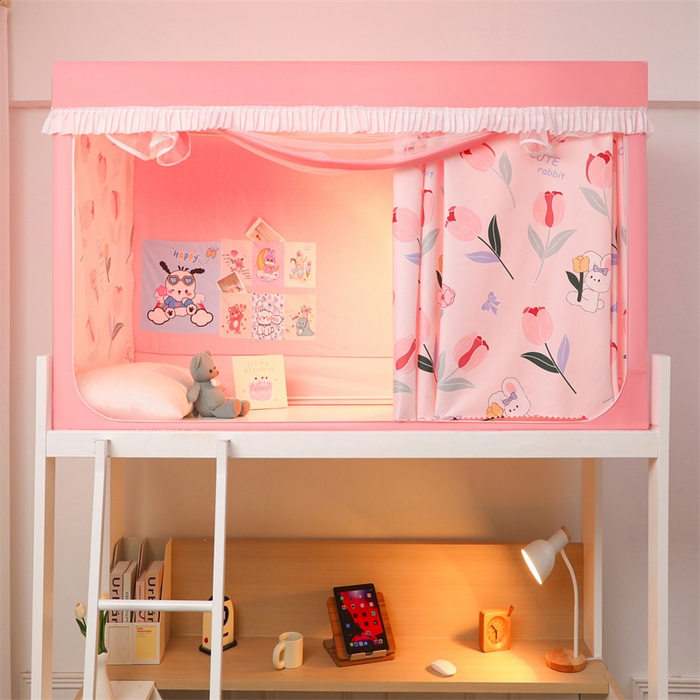 91家纺网 家纺一手货源 找家纺 迪凡保罗蚊帐 2025新款2412小清新印花遮光学生蚊帐带口袋帘 郁金香小兔