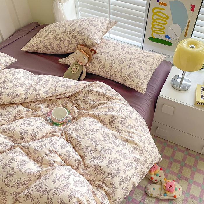 91家纺网 家纺一手货源 找家纺 爵仕家纺 2025小清新风格双层纱纯棉四件套 夏紫