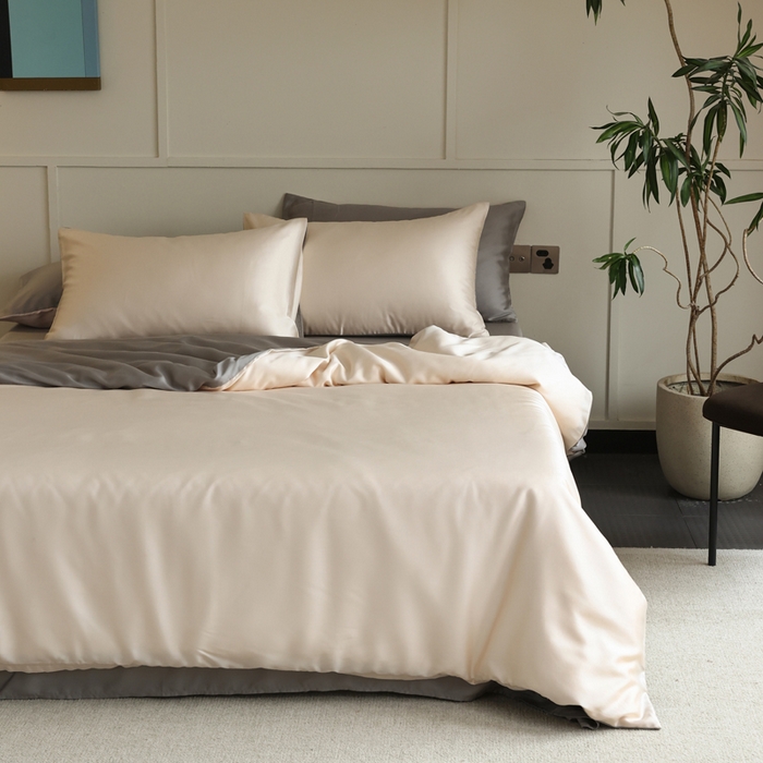 91家纺网 家纺一手货源 找家纺 轩和 2025新款A类LF兰精天丝套件 奶酪黄+伯爵灰