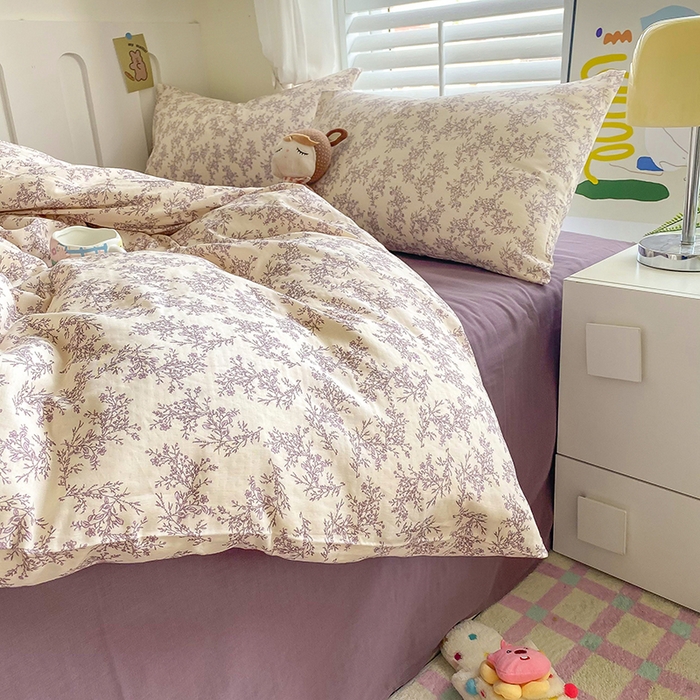 91家纺网 家纺一手货源 找家纺 爵仕家纺 2025小清新风格双层纱纯棉四件套 夏紫