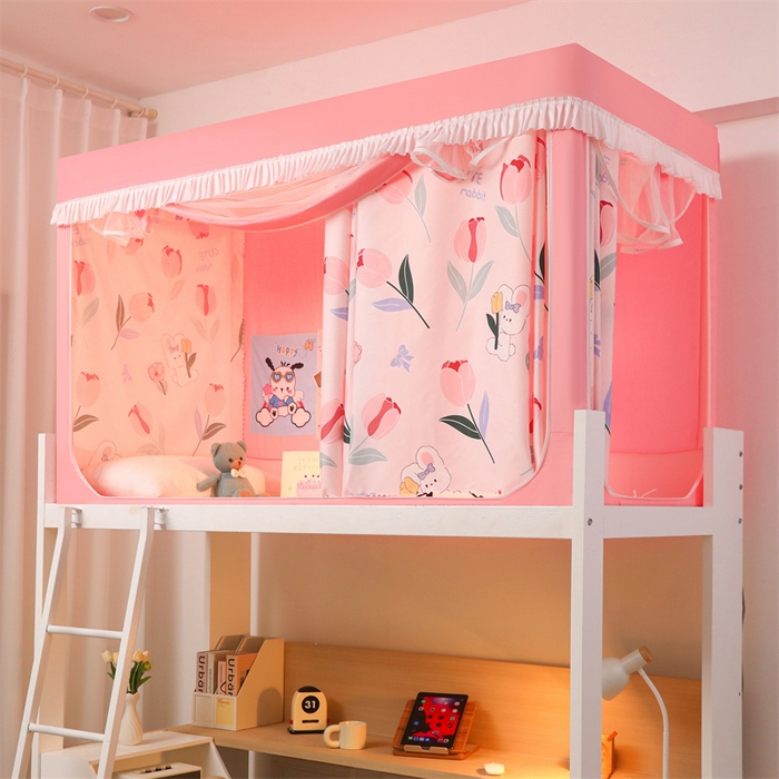 91家纺网 家纺一手货源 找家纺 迪凡保罗蚊帐 2025新款2412小清新印花遮光学生蚊帐带口袋帘 郁金香小兔