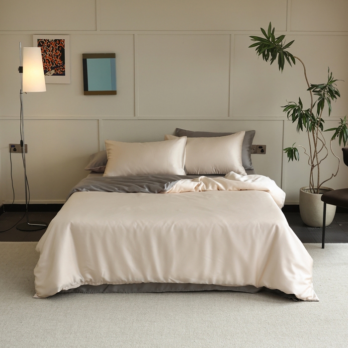 91家纺网 家纺一手货源 找家纺 轩和 2025新款A类LF兰精天丝套件 奶酪黄+伯爵灰