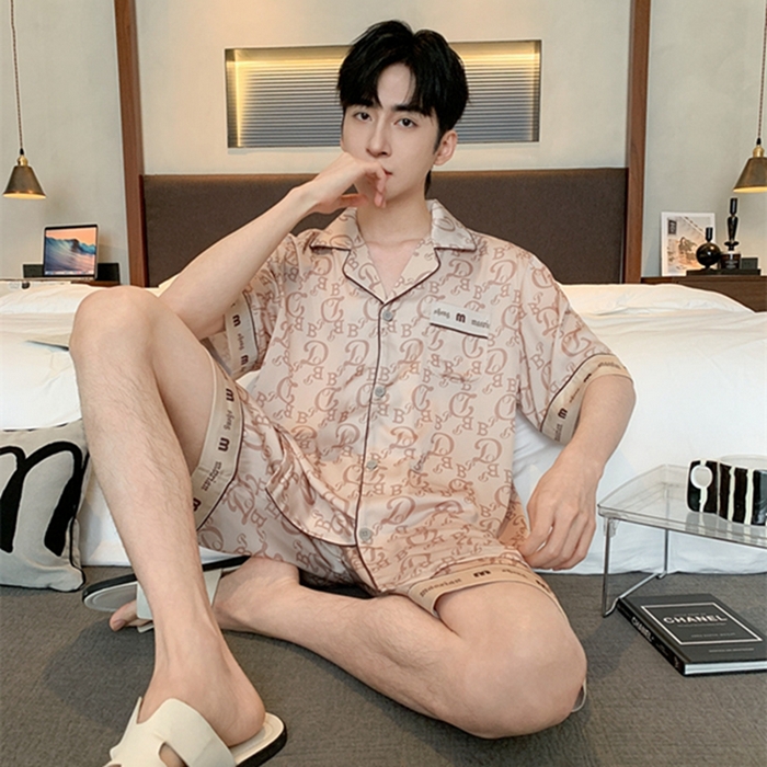 91家纺网 家纺一手货源 找家纺 洛兰沙 2024新款夏季高级感轻奢香槟色男士睡衣V字领长裤长袖轻薄家居服可外穿 香槟短款