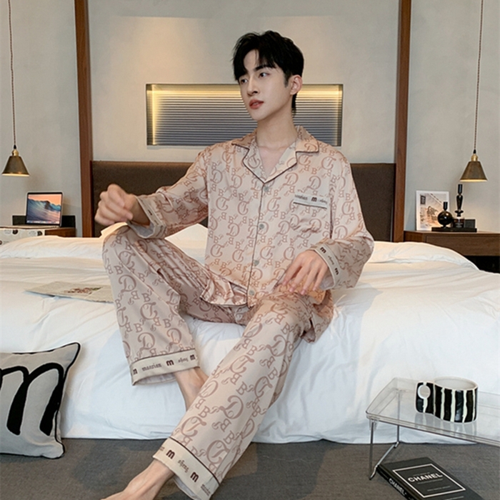 91家纺网 家纺一手货源 找家纺 洛兰沙 2024新款夏季高级感轻奢香槟色男士睡衣V字领长裤长袖轻薄家居服可外穿 香槟长款