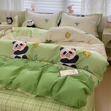 乐童 2024新款直播爆款13070纯棉印花吊边款一字绣四件套-第七波 快乐熊猫