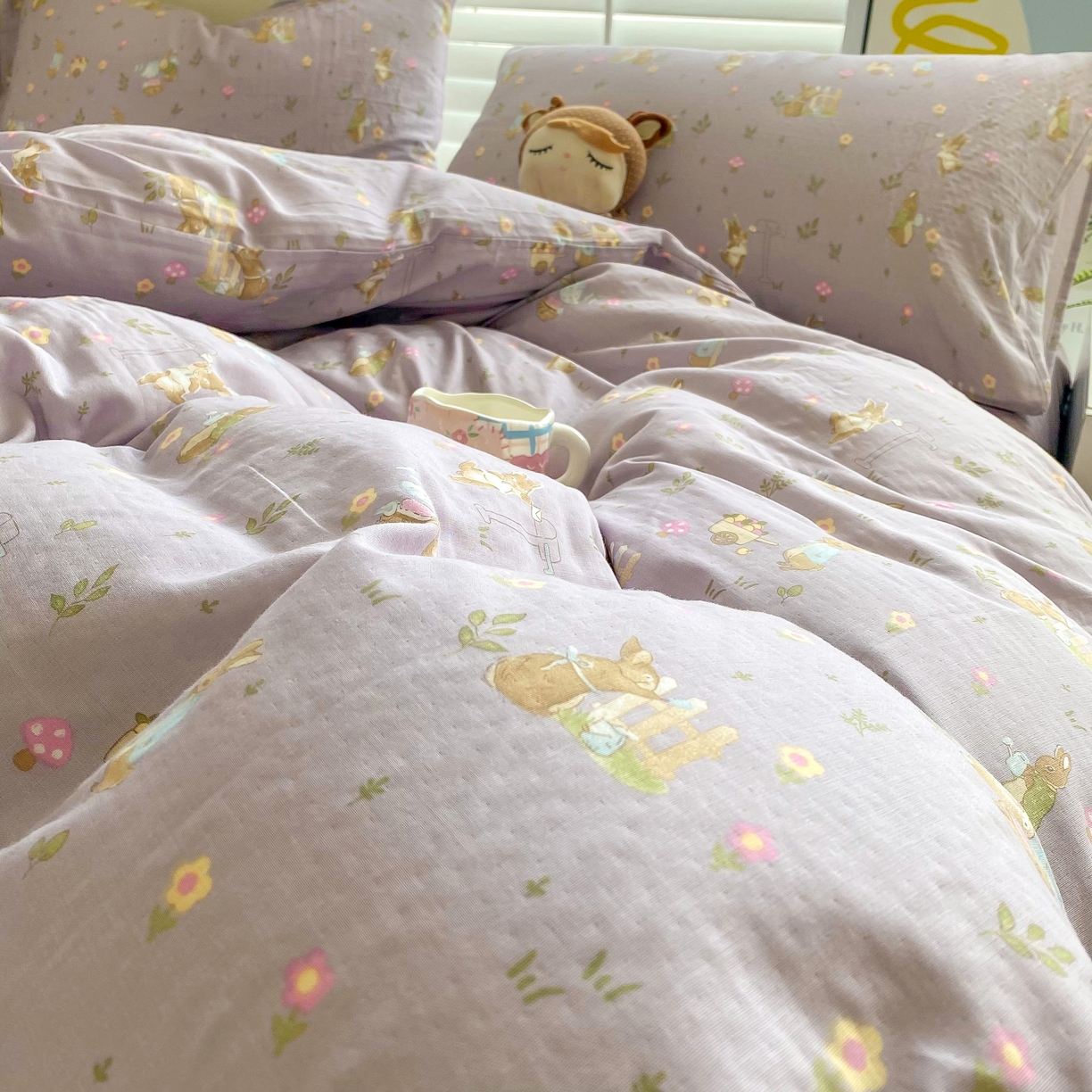 91家纺网 家纺一手货源 找家纺 爵仕家纺 2025小清新风格双层纱纯棉四件套 小兔