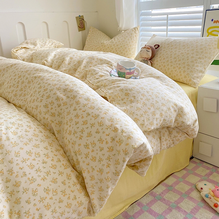 91家纺网 家纺一手货源 找家纺 爵仕家纺 2025小清新风格双层纱纯棉四件套 阳光小菊