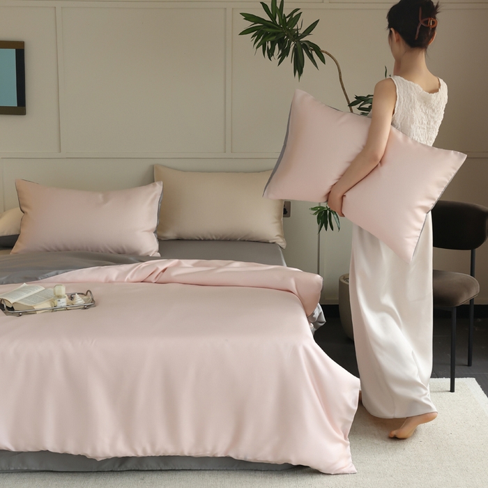 91家纺网 家纺一手货源 找家纺 轩和 2025新款A类LF兰精天丝套件 告白粉+伯爵灰