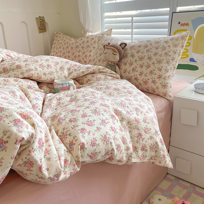 91家纺网 家纺一手货源 找家纺 爵仕家纺 2025小清新风格双层纱纯棉四件套 清新花园