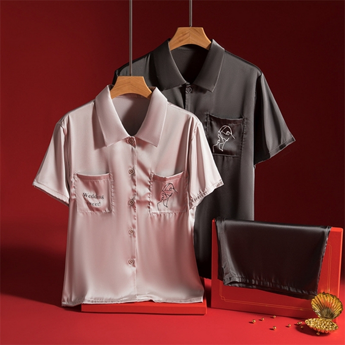 91家纺网 家纺一手货源 找家纺 （总）洛兰沙 2024新款情侣睡衣女夏季冰丝短袖短裤长裤素色休闲家居服男服男套青少年休闲家居服