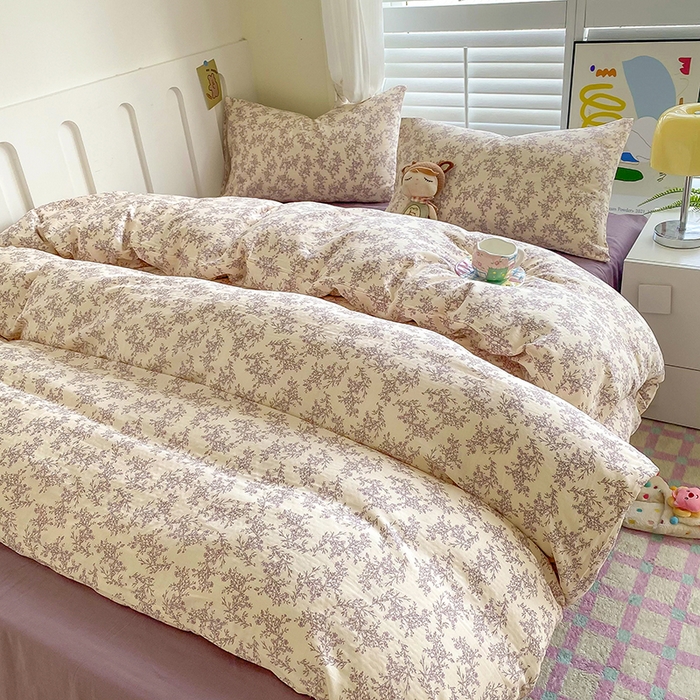 91家纺网 家纺一手货源 找家纺 爵仕家纺 2025小清新风格双层纱纯棉四件套 夏紫