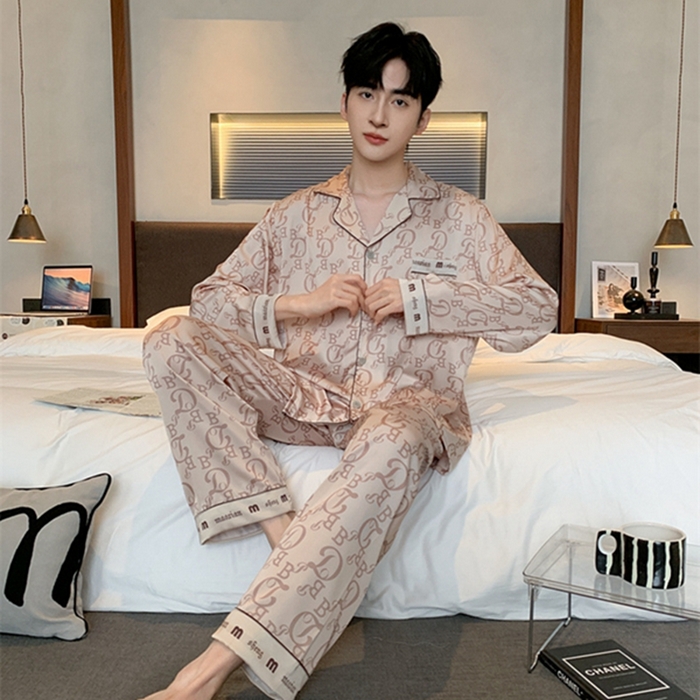 91家纺网 家纺一手货源 找家纺 洛兰沙 2024新款夏季高级感轻奢香槟色男士睡衣V字领长裤长袖轻薄家居服可外穿 香槟长款