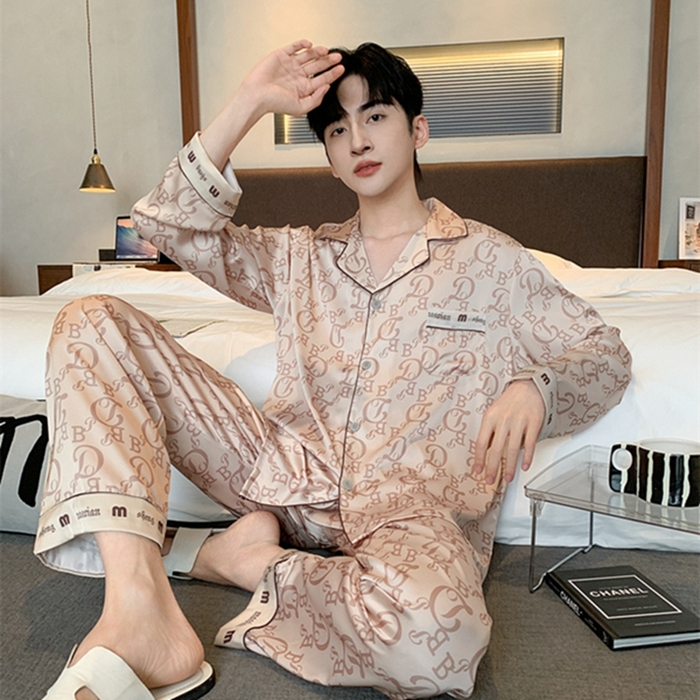 91家纺网 家纺一手货源 找家纺 洛兰沙 2024新款夏季高级感轻奢香槟色男士睡衣V字领长裤长袖轻薄家居服可外穿 香槟长款