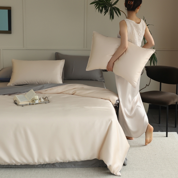 91家纺网 家纺一手货源 找家纺 轩和 2025新款A类LF兰精天丝套件 奶酪黄+伯爵灰