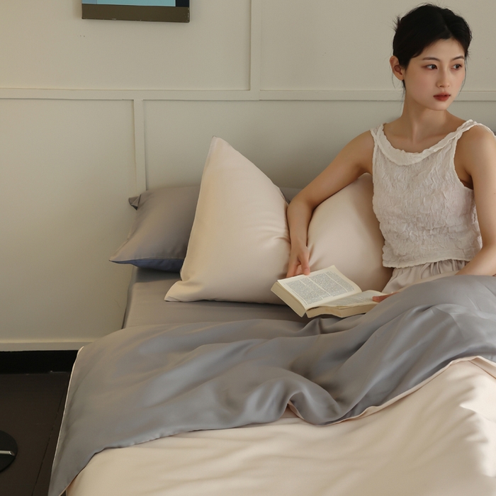 91家纺网 家纺一手货源 找家纺 轩和 2025新款A类LF兰精天丝套件 奶酪黄+伯爵灰