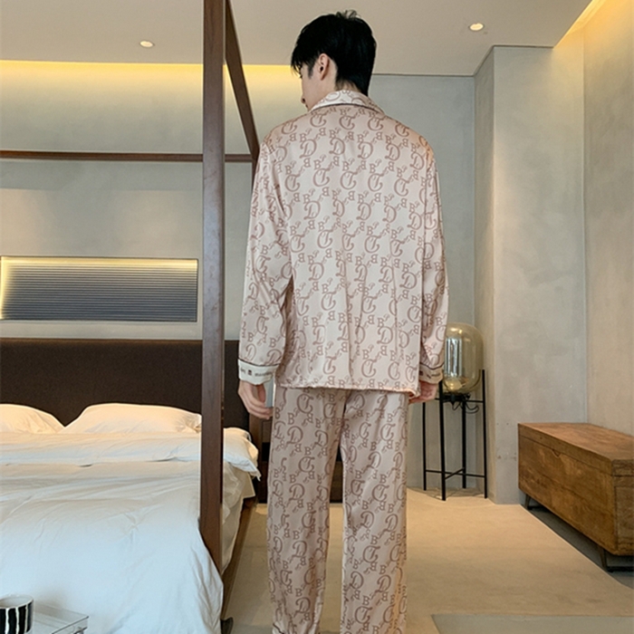 91家纺网 家纺一手货源 找家纺 洛兰沙 2024新款夏季高级感轻奢香槟色男士睡衣V字领长裤长袖轻薄家居服可外穿 香槟长款