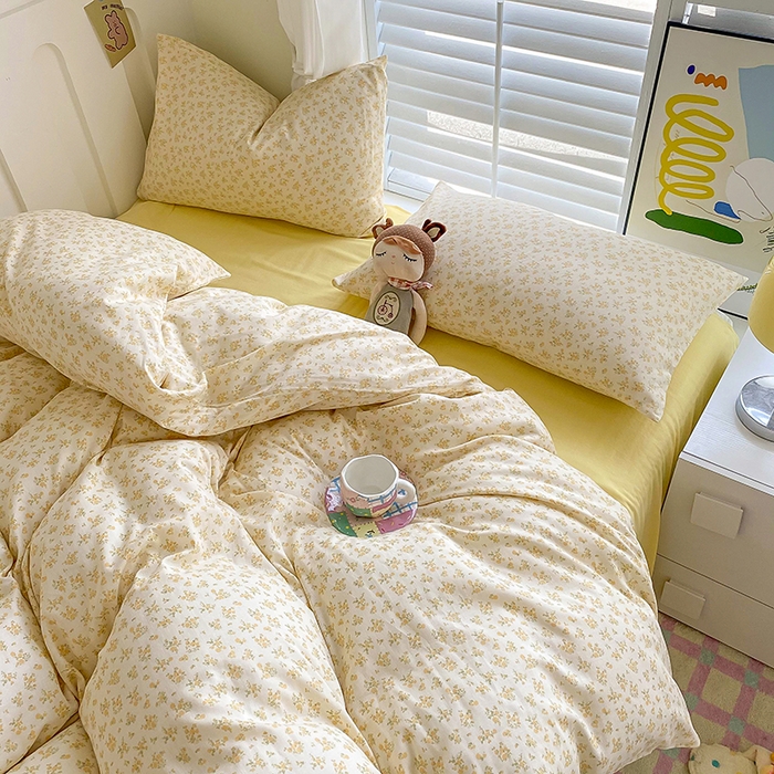 91家纺网 家纺一手货源 找家纺 爵仕家纺 2025小清新风格双层纱纯棉四件套 阳光小菊