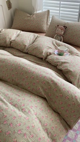 91家纺网 家纺一手货源 找家纺 爵仕家纺 2025小清新风格双层纱纯棉四件套 暖洋