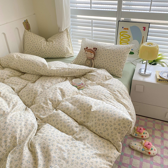 91家纺网 家纺一手货源 找家纺 爵仕家纺 2025小清新风格双层纱纯棉四件套 蓝小朵