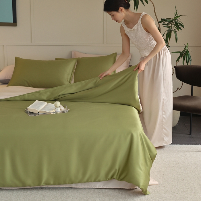 91家纺网 家纺一手货源 找家纺 轩和 2025新款A类LF兰精天丝套件 豆蔻绿+奶酪黄