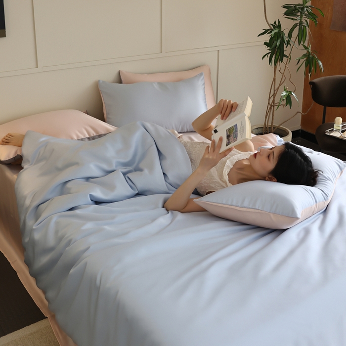 91家纺网 家纺一手货源 找家纺 轩和 2025新款A类LF兰精天丝套件 夏日蓝+告白粉