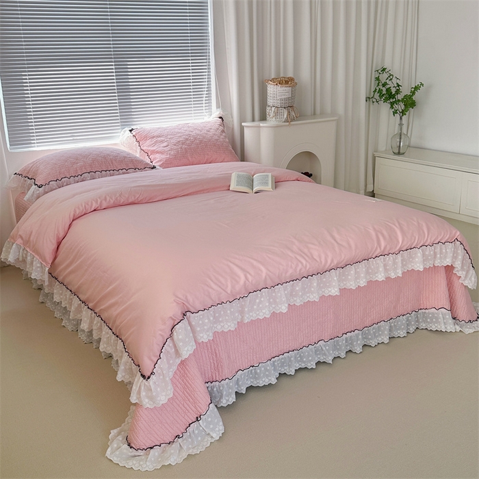 91家纺网 家纺一手货源 找家纺 佰织鑫（会员-5元） 2024新品简约纯色全棉蝶恋花砂洗棉花床盖四件套 蝶恋花·公主粉