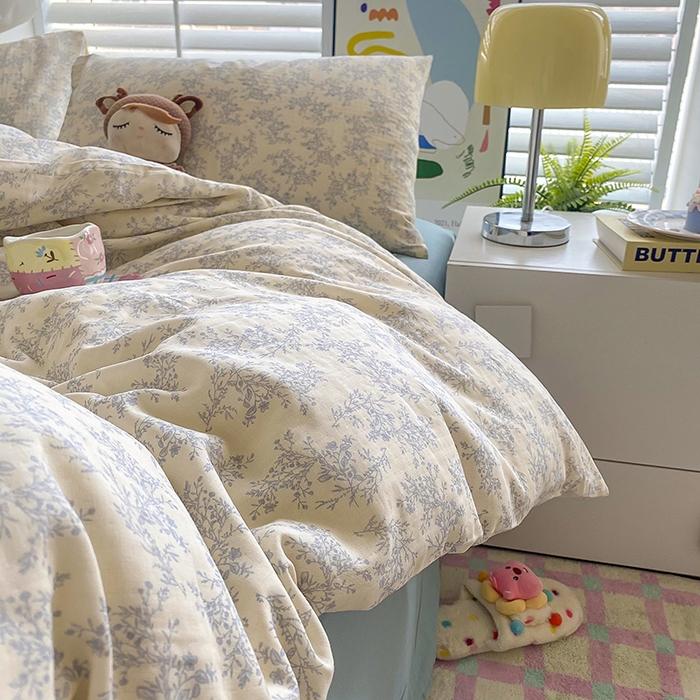 91家纺网 家纺一手货源 找家纺 爵仕家纺 2025小清新风格双层纱纯棉四件套 繁华