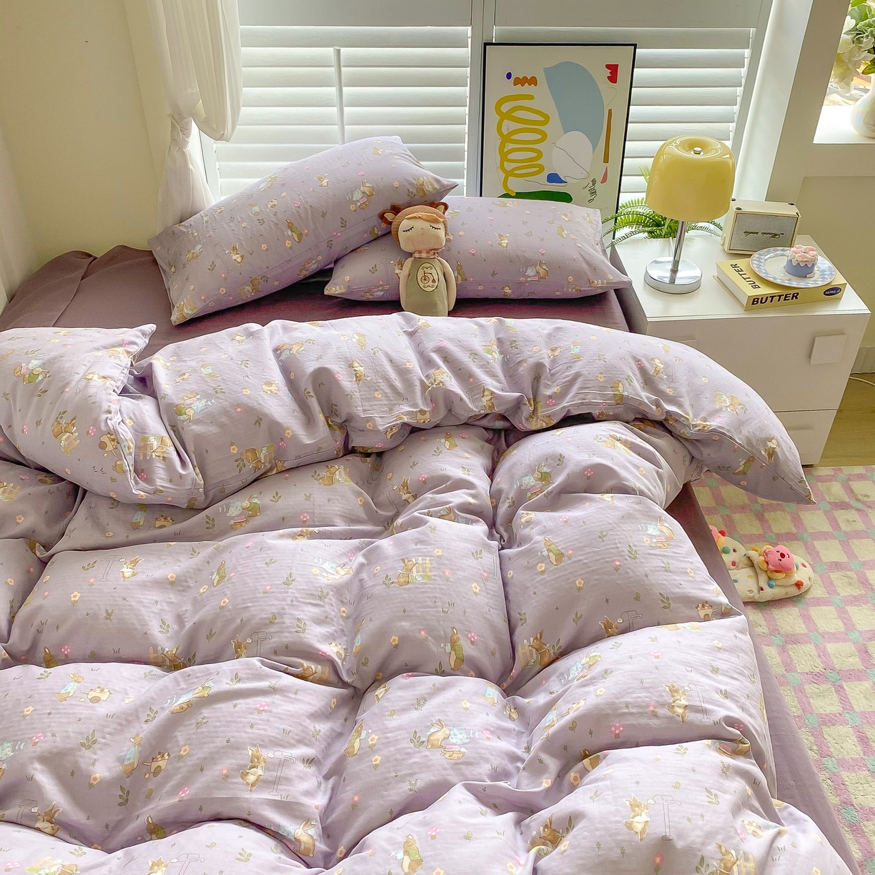 91家纺网 家纺一手货源 找家纺 爵仕家纺 2025小清新风格双层纱纯棉四件套 小兔