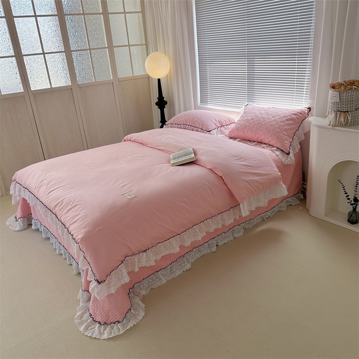 91家纺网 家纺一手货源 找家纺 佰织鑫（会员-5元） 2024新品简约纯色全棉蝶恋花砂洗棉花床盖四件套 蝶恋花·公主粉