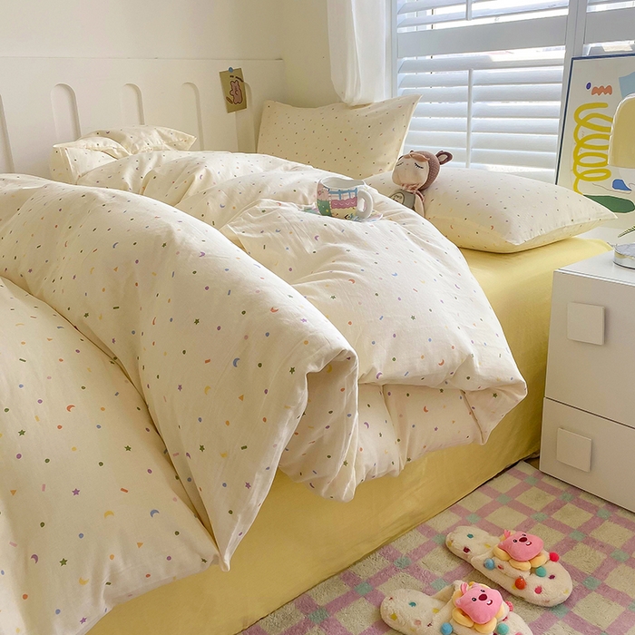 91家纺网 家纺一手货源 找家纺 爵仕家纺 2025小清新风格双层纱纯棉四件套 点缀星空