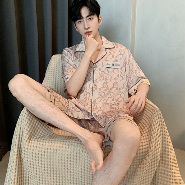 91家纺网 家纺一手货源 找家纺 洛兰沙 2024新款夏季高级感轻奢香槟色男士睡衣V字领长裤长袖轻薄家居服可外穿 香槟短款