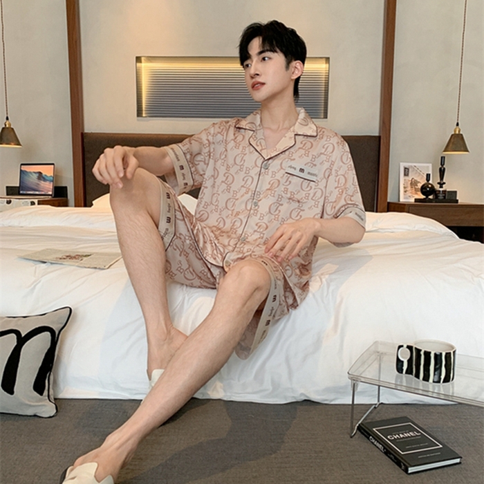 91家纺网 家纺一手货源 找家纺 洛兰沙 2024新款夏季高级感轻奢香槟色男士睡衣V字领长裤长袖轻薄家居服可外穿 香槟短款