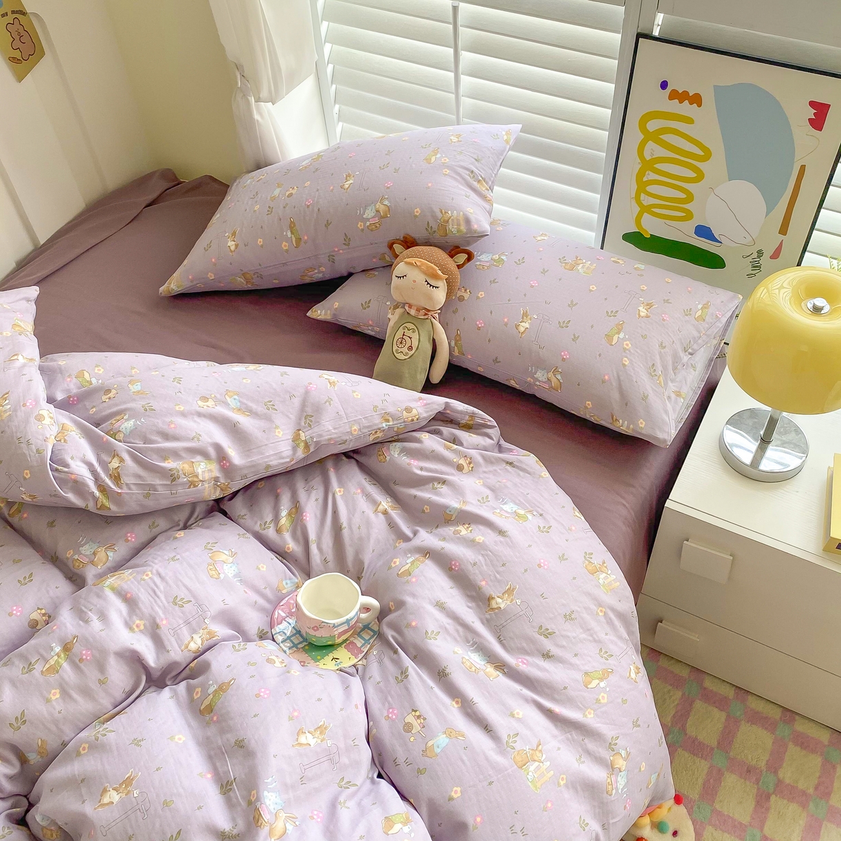 91家纺网 家纺一手货源 找家纺 爵仕家纺 2025小清新风格双层纱纯棉四件套 小兔