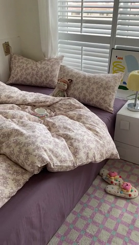 91家纺网 家纺一手货源 找家纺 爵仕家纺 2025小清新风格双层纱纯棉四件套 夏紫