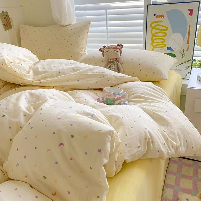 91家纺网 家纺一手货源 找家纺 爵仕家纺 2025小清新风格双层纱纯棉四件套 点缀星空