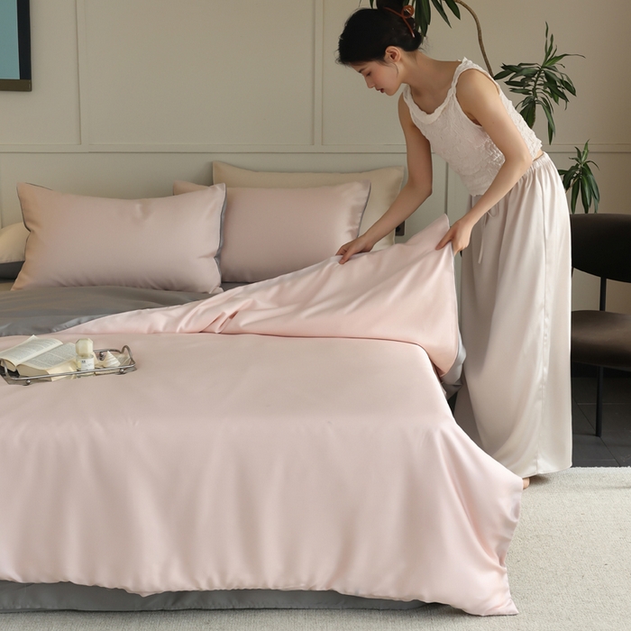 91家纺网 家纺一手货源 找家纺 轩和 2025新款A类LF兰精天丝套件 告白粉+伯爵灰