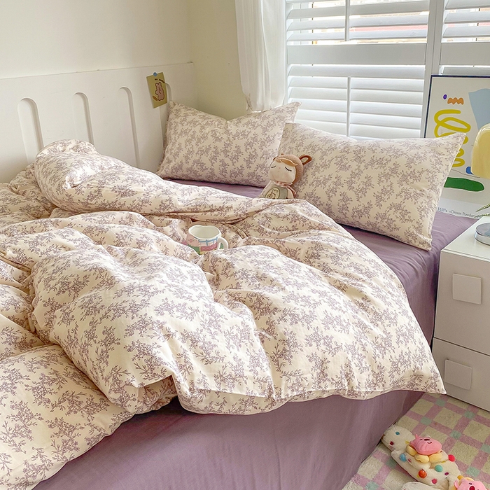 91家纺网 家纺一手货源 找家纺 爵仕家纺 2025小清新风格双层纱纯棉四件套 夏紫