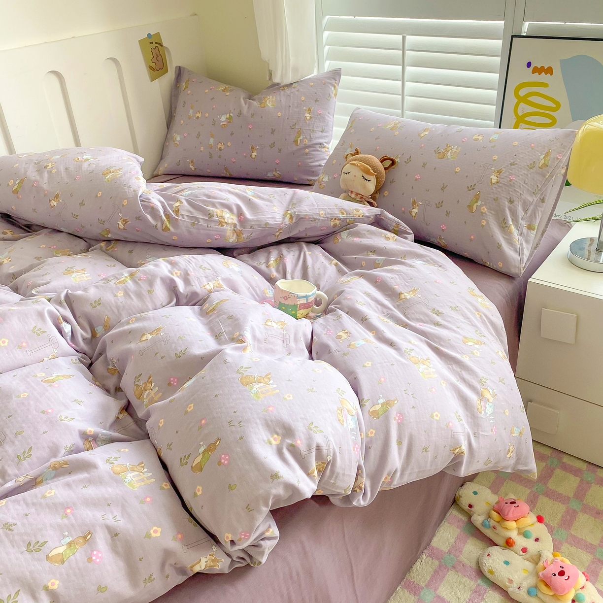 91家纺网 家纺一手货源 找家纺 爵仕家纺 2025小清新风格双层纱纯棉四件套 小兔