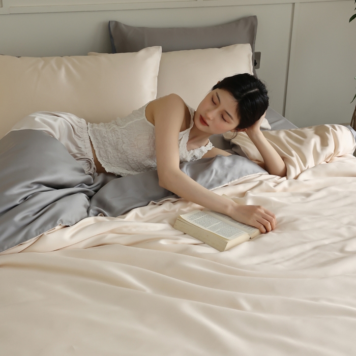 91家纺网 家纺一手货源 找家纺 轩和 2025新款A类LF兰精天丝套件 奶酪黄+伯爵灰