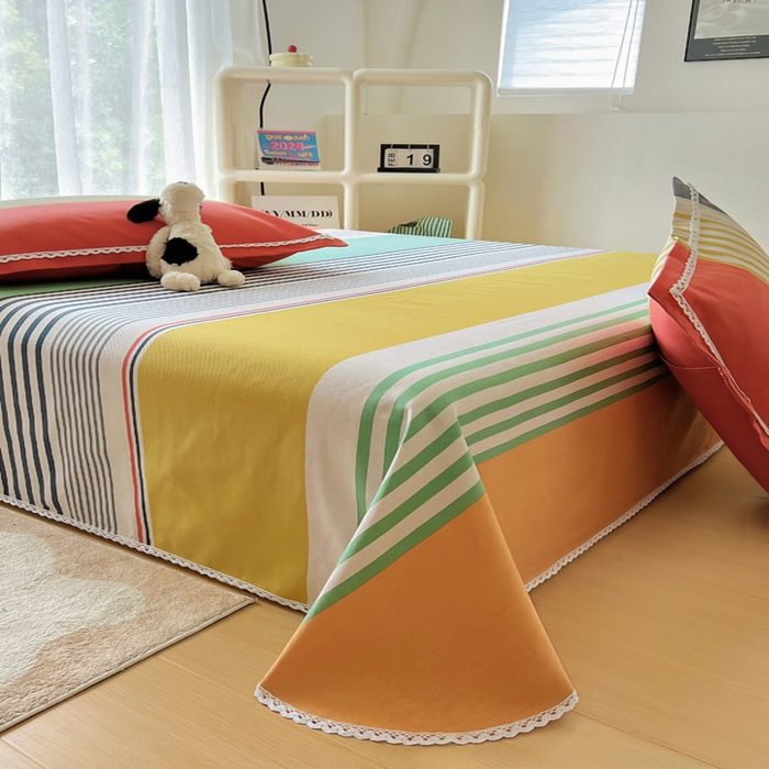 91家纺网 家纺一手货源 找家纺 新印象 2025新款花边老粗布床单款床笠款三件套 彩虹条