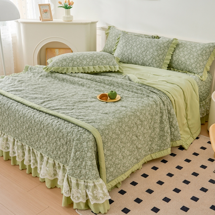 91家纺网 家纺一手货源 找家纺 美莱家纺 2024新款软糯泡泡棉蕾丝床盖床盖四件套单品系列-床盖夏被四件套 浅夕